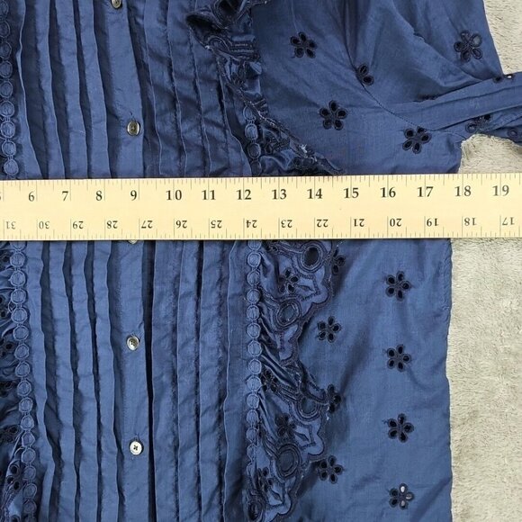 J. Crew Eyelet Lace Top Womens 2 Blue 3/4 Flared Sleeve Ruffled Button Pleated - Picture 6 of 8